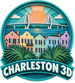Charleston 3D badge: Ravenel Bridge and Rainbow Row